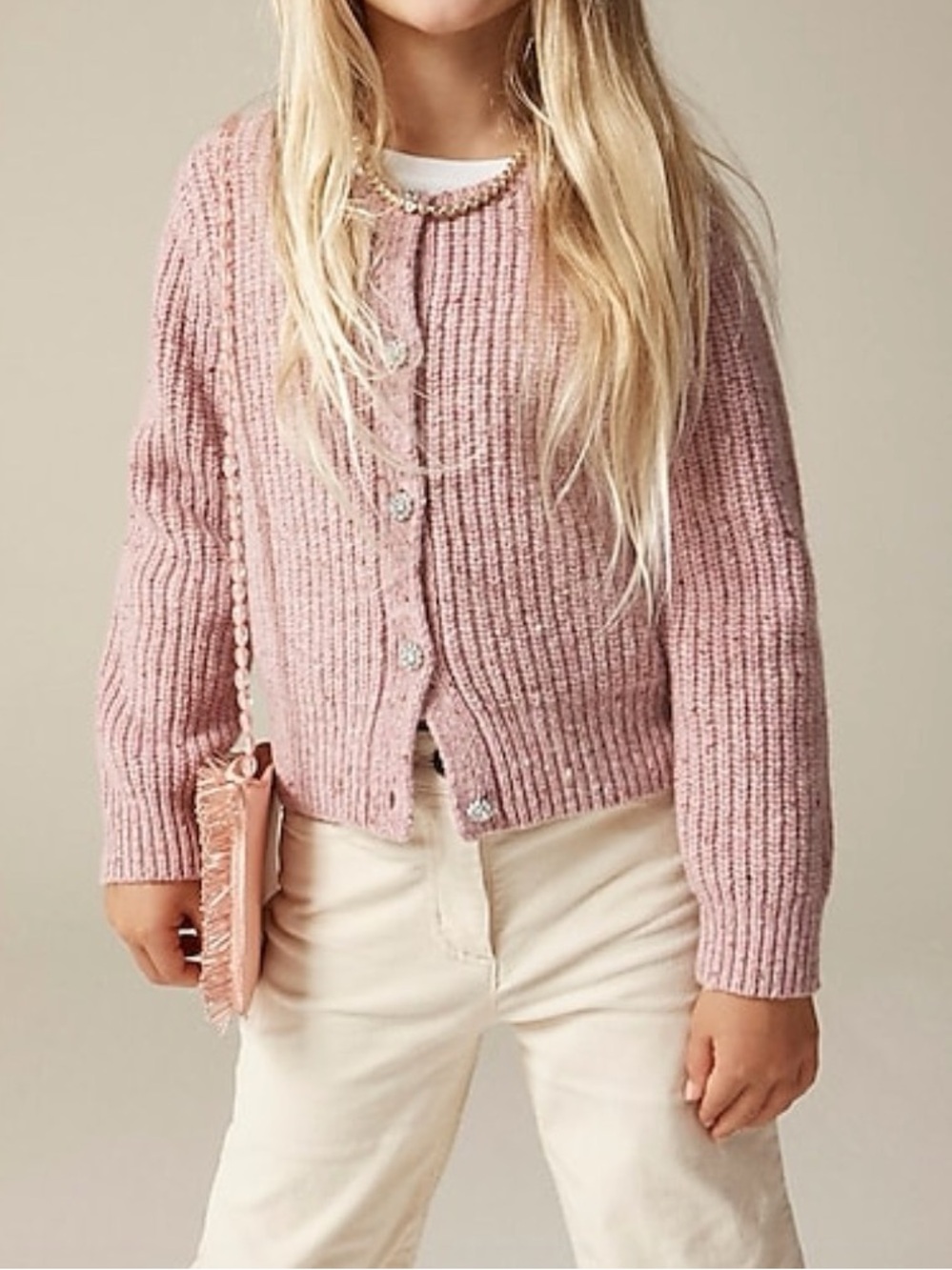 Crewcuts Girls’ Jewel-Button Cardigan Sweater Donegal Wool Blend Pink Size L